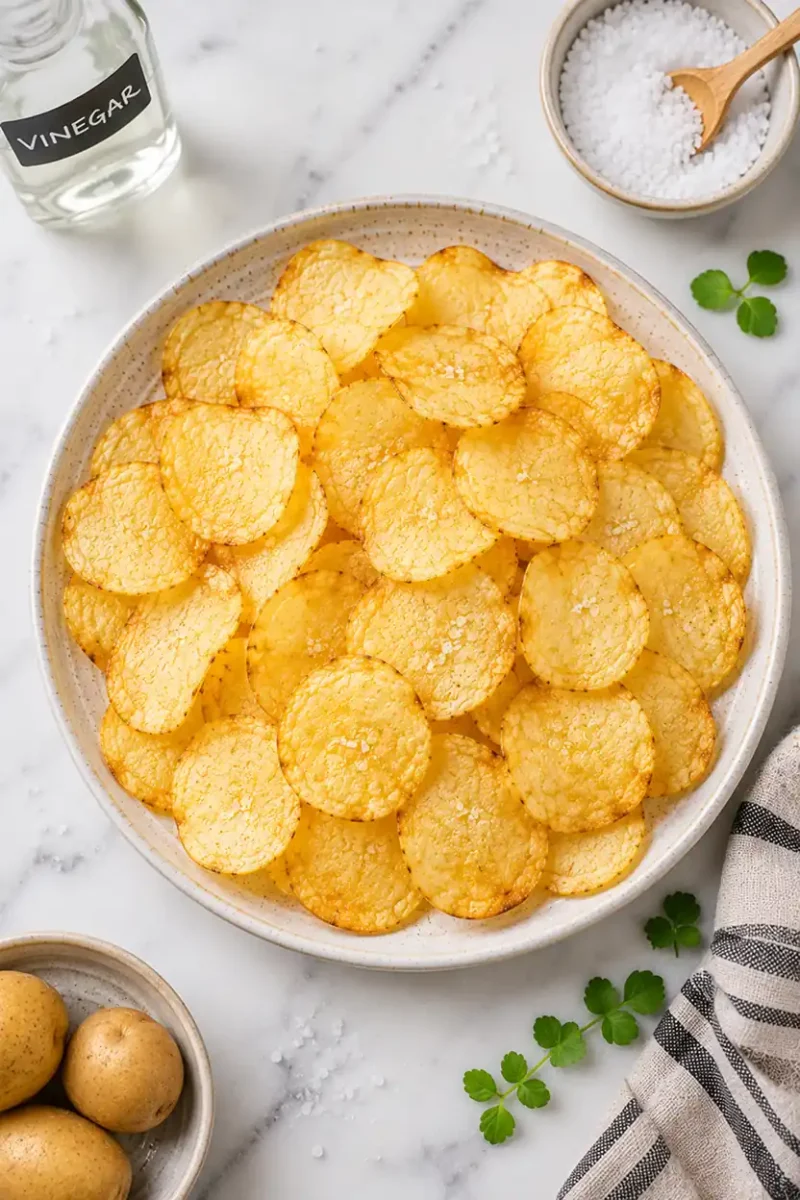 Overhead serving bowl of homemade air fryer potato chips with golden crunchy texture, flaky salt, and marble countertop styling.
