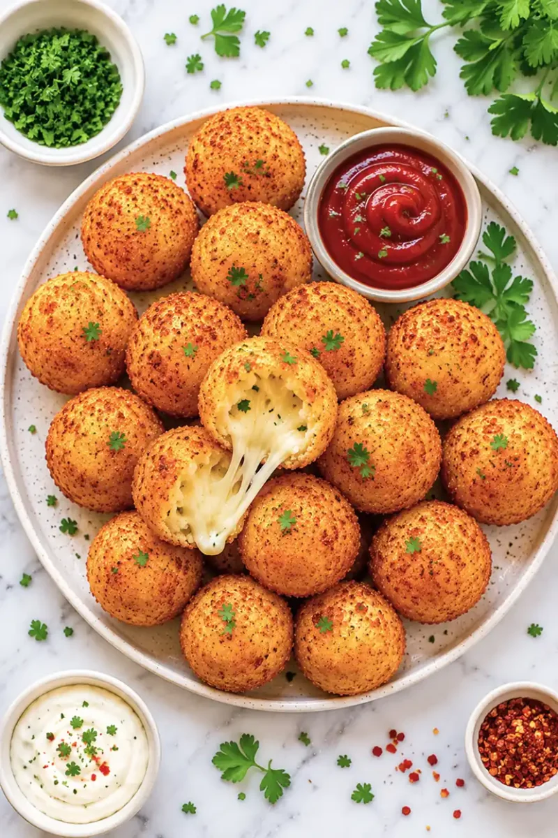 Plate of crispy cheesy potato balls with dipping sauces and melted cheese center