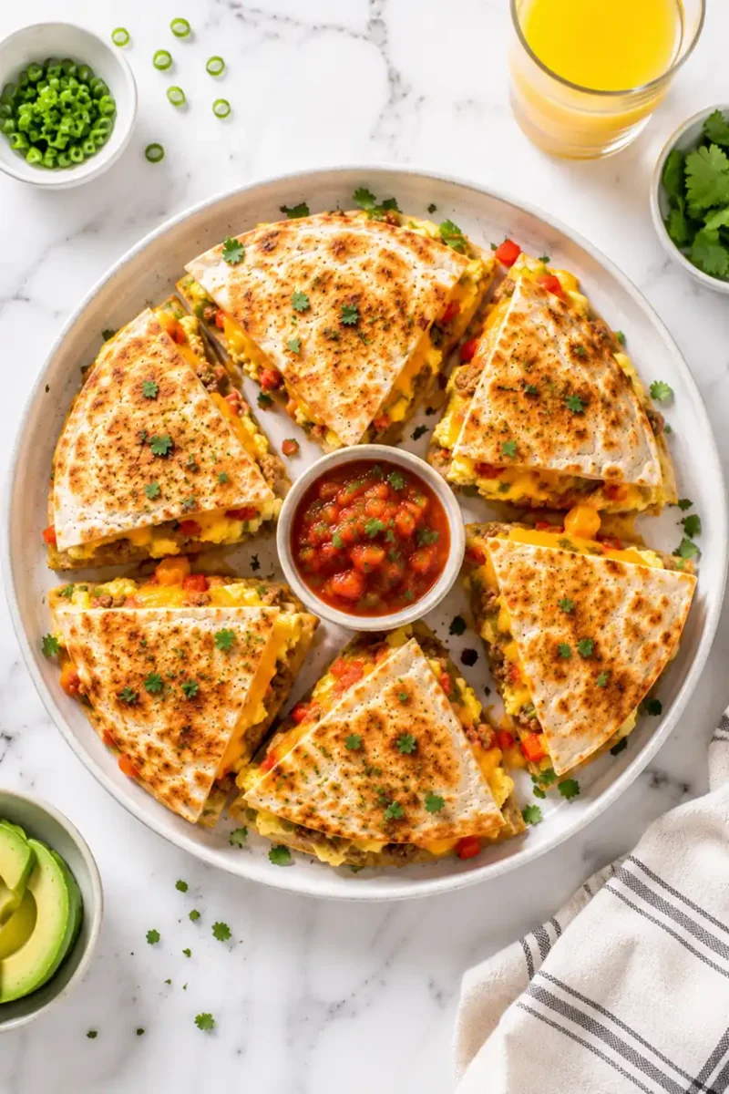Overhead serving platter of air fryer breakfast quesadillas with salsa dip, avocado slices, melted cheese, and golden toasted tortilla texture on marble.