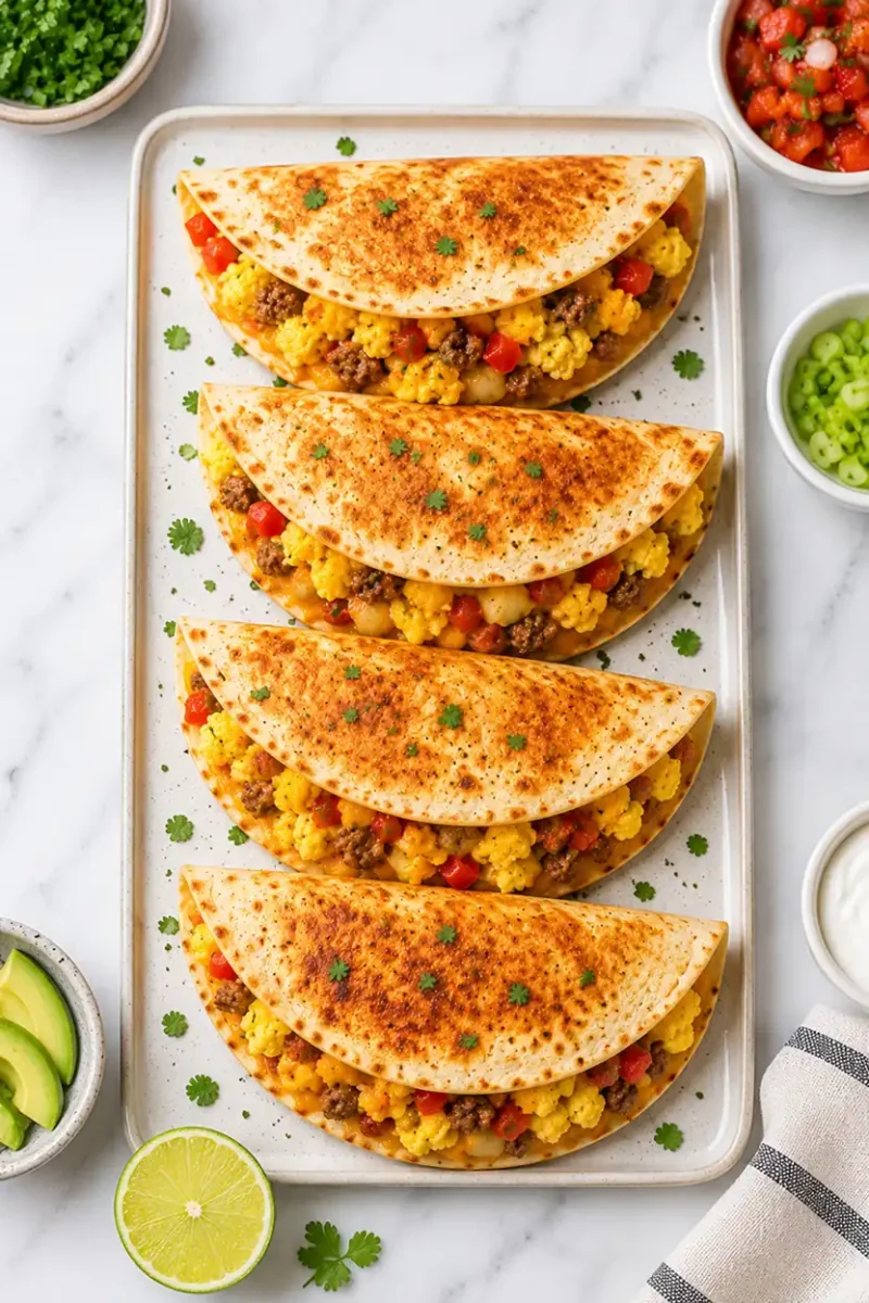 Platter of crispy breakfast quesadillas filled with eggs, sausage, peppers, and cheese
