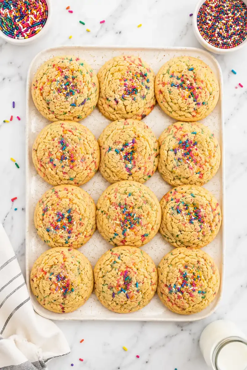 Overhead tray of air fryer funfetti cookies topped with rainbow sprinkles and soft bakery style texture on a bright marble surface.
