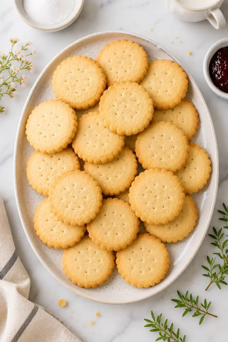Platter of homemade air fryer butter cookies served with tea and jam on the side