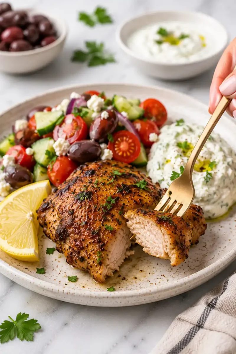 Close up juicy chicken thigh being cut with a fork beside Greek salad, olives, feta cheese, creamy sauce, and lemon wedges on a ceramic plate.