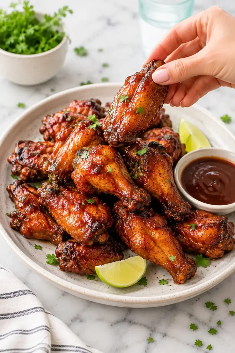 Hand picking up a sticky glazed air fryer chicken wing from a plate with dipping sauce