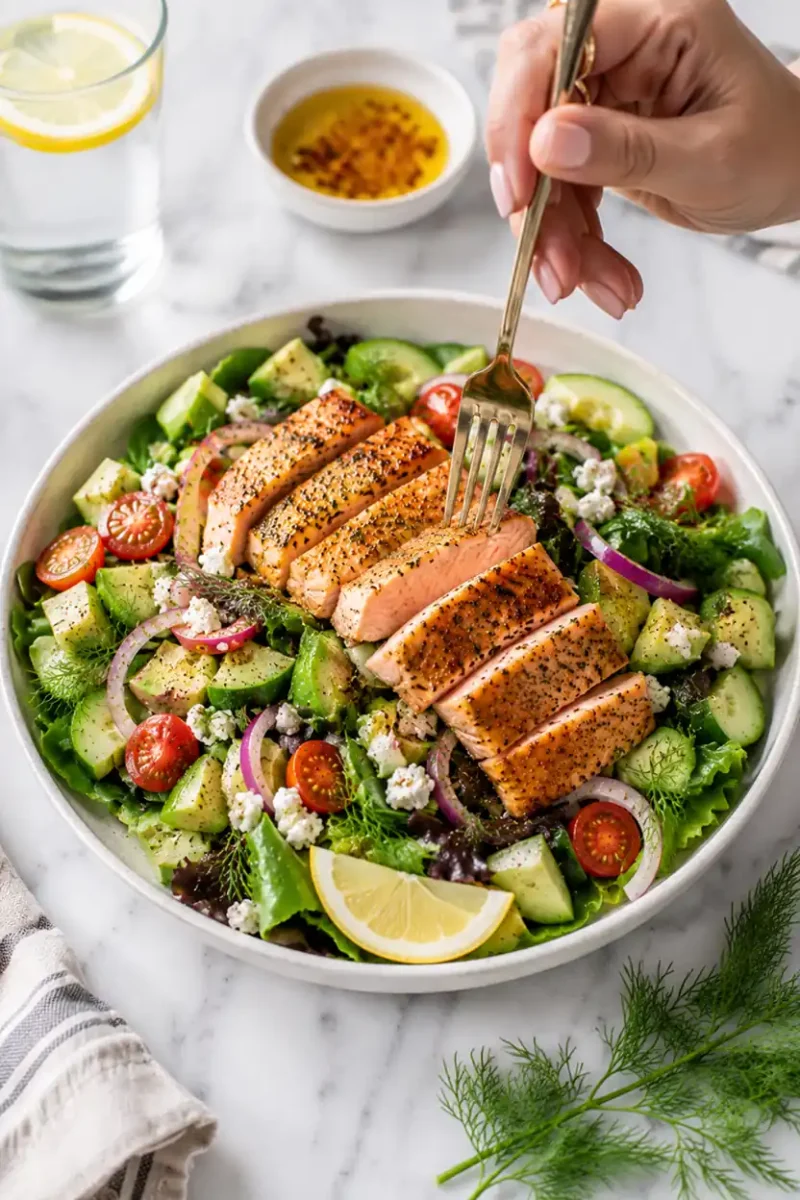 Close up salmon salad with sliced salmon fillet, cucumbers, tomatoes, feta cheese, and leafy greens while a fork picks up a bite from the bowl.