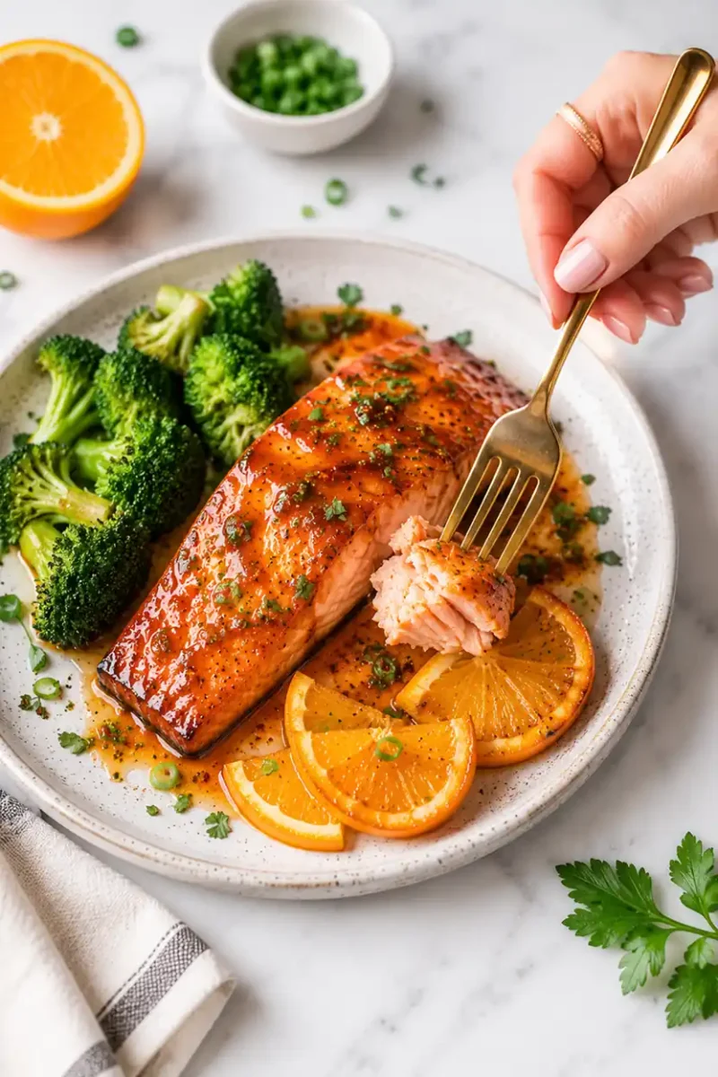 Hand cutting into juicy orange glazed salmon served with broccoli and citrus slices