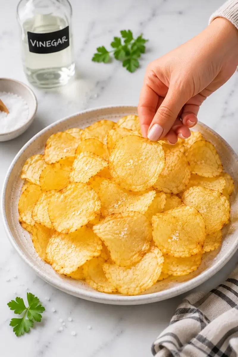 Close up crispy homemade potato chips with a hand picking up a thin golden chip from a ceramic bowl beside vinegar seasoning and flaky salt.