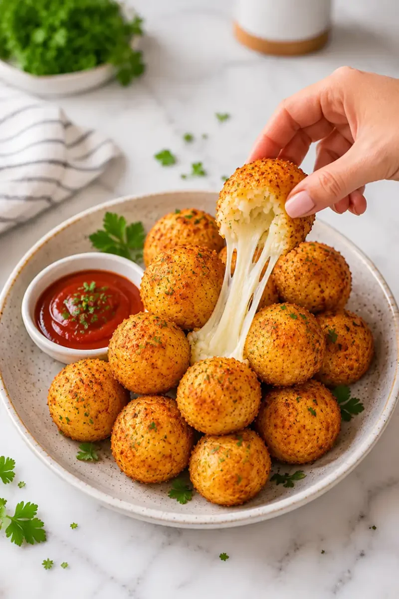 Hand pulling apart a crispy cheese ball with melted cheese stretch on a serving plate