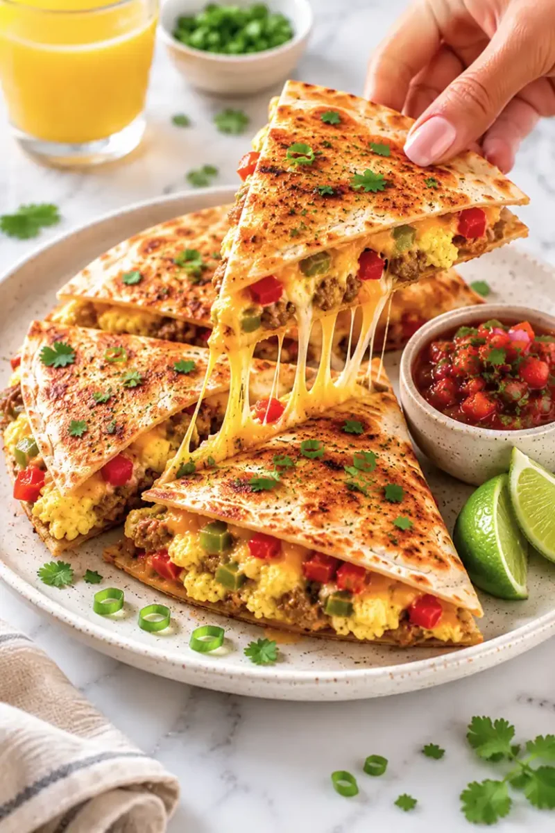 Close up cheesy breakfast quesadilla being lifted by hand with melted cheese pull, scrambled eggs, sausage, peppers, salsa, and lime wedges on a ceramic plate.
