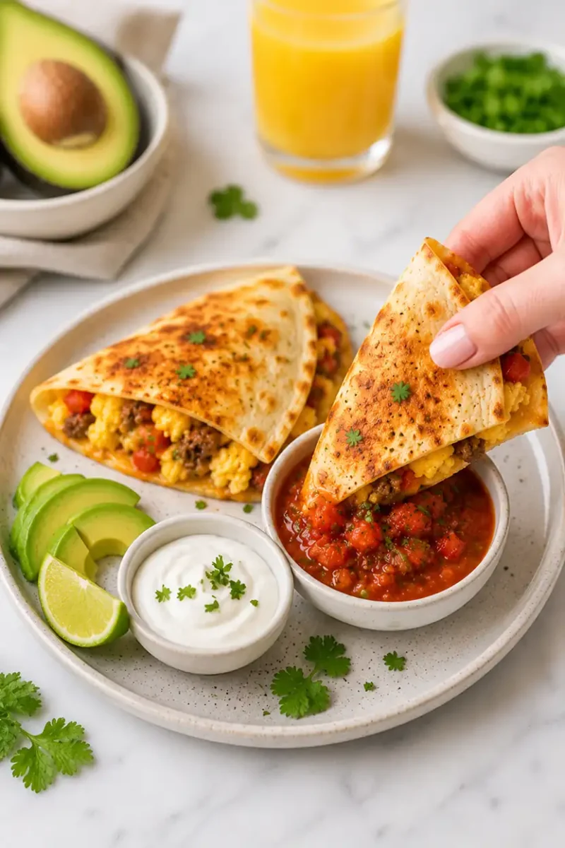Hand dipping a cheesy breakfast quesadilla into salsa with avocado and sour cream on the side