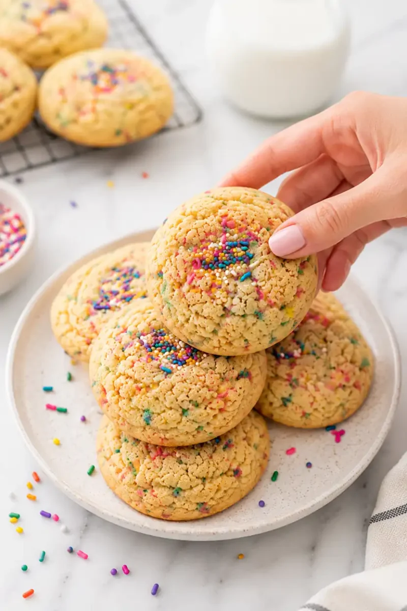 Close up soft funfetti cookie with colorful rainbow sprinkles while a hand picks up the chewy cookie from a stacked plate beside scattered sprinkles.
