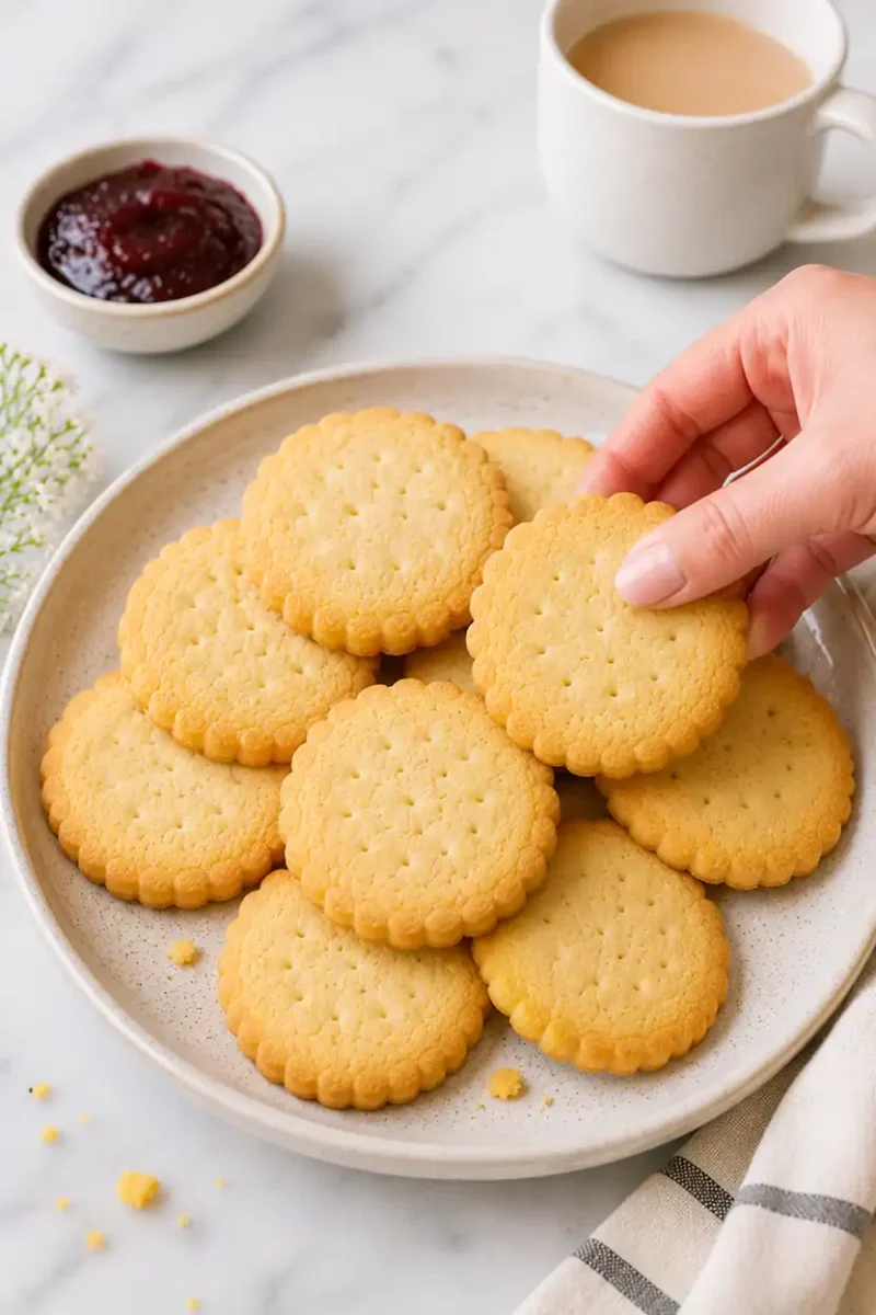 Hand picking up a crisp buttery cookie from a plate of homemade air fryer cookies