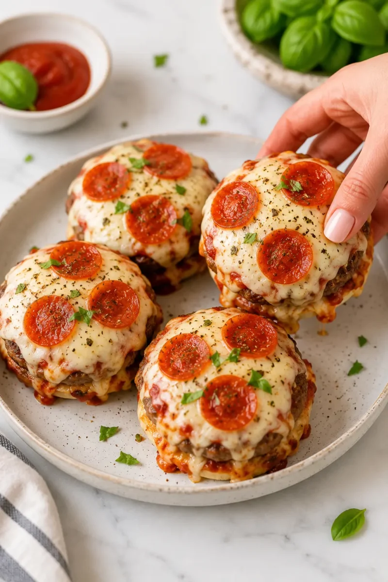 Air Fryer Pizza Burgers topped with melted mozzarella cheese and mini pepperoni slices on a ceramic plate, with a hand picking up one burger in a bright kitchen setting