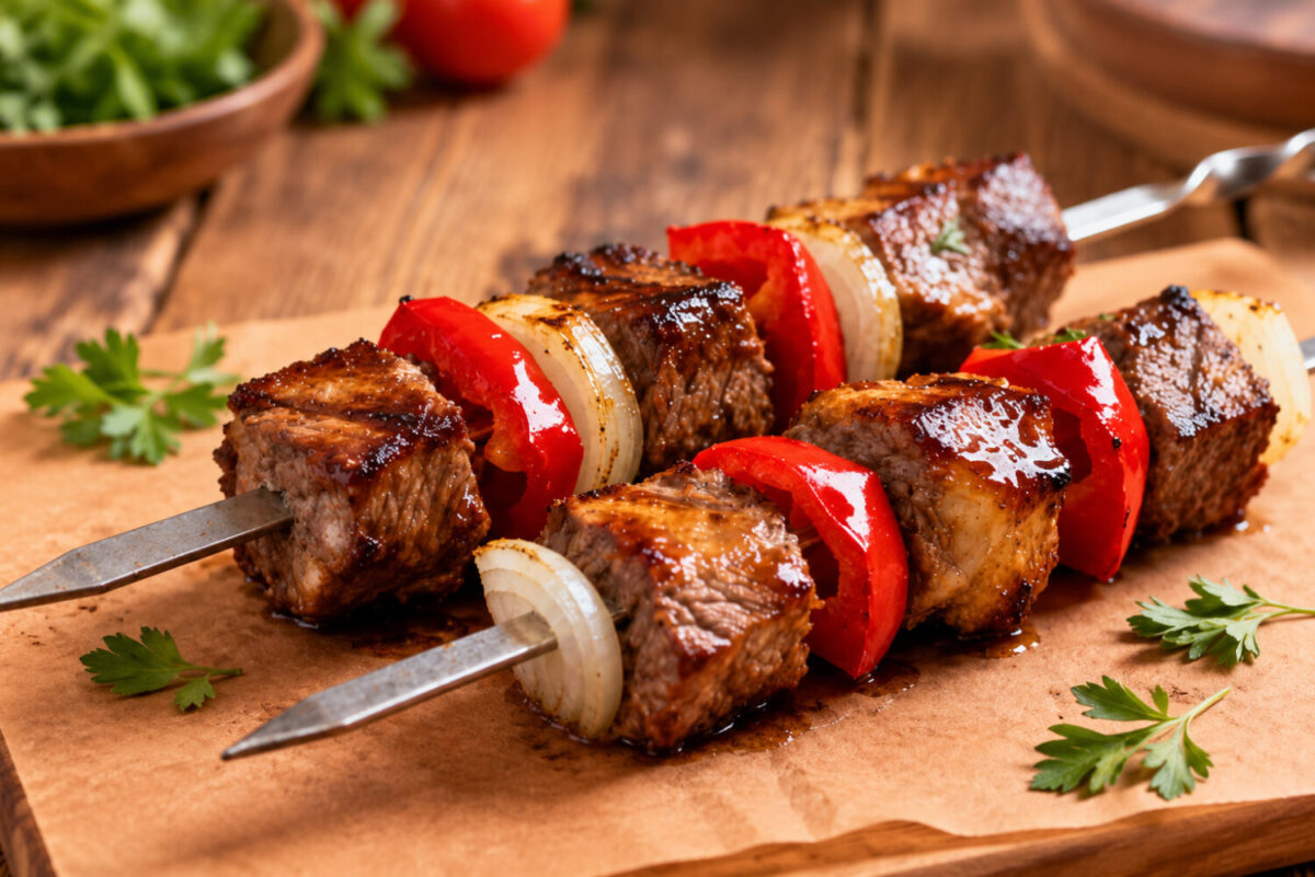 Air Fryer Beef Kabobs with juicy grilled beef cubes, red bell peppers, and onions on metal skewers served on a wooden board