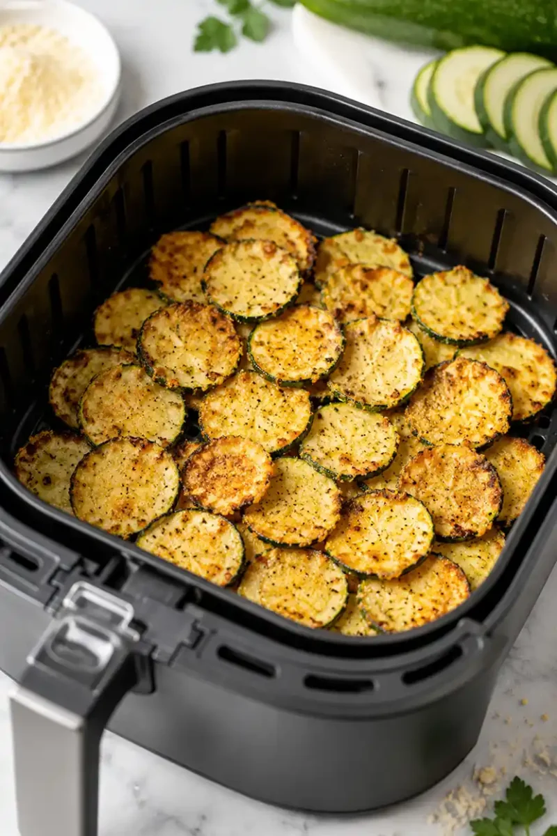 Crispy Air Fryer Zucchini Chips cooking in a black air fryer basket with golden parmesan coating and seasoned zucchini slices