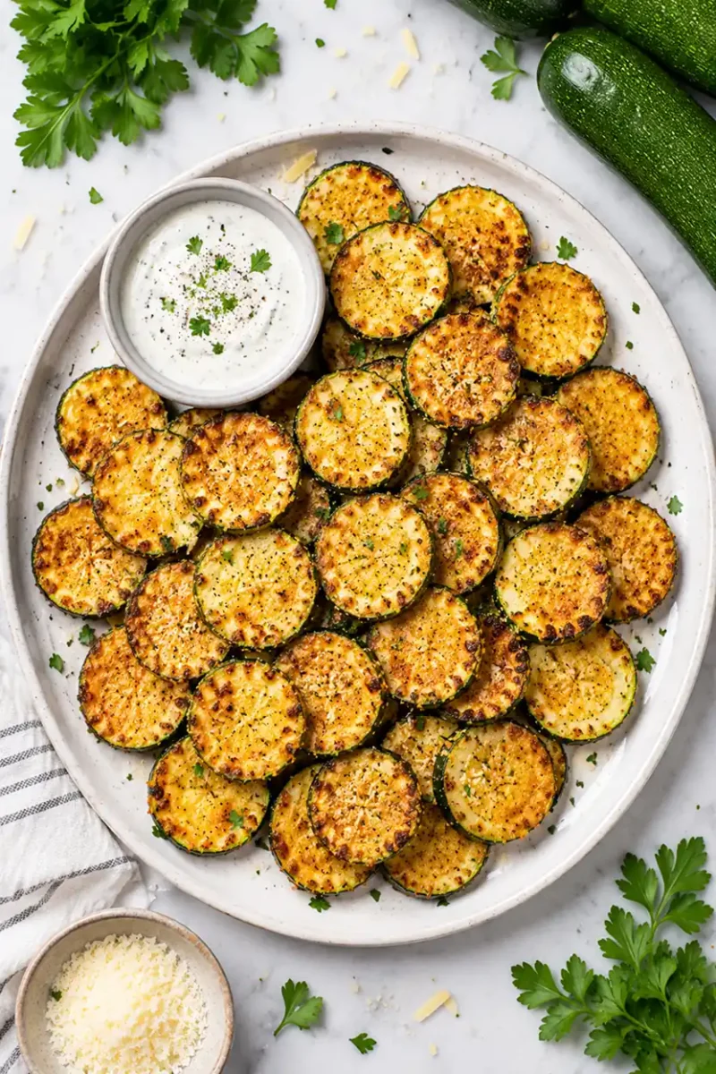 Top view of Crispy Air Fryer Zucchini Chips served on a white platter with creamy dipping sauce, parmesan cheese, and fresh parsley