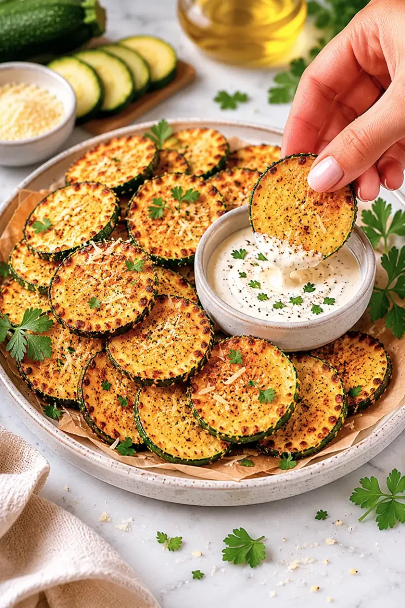 Crispy Air Fryer Zucchini Chips on a ceramic plate with creamy garlic herb dip as a hand dips a zucchini chip into the sauce