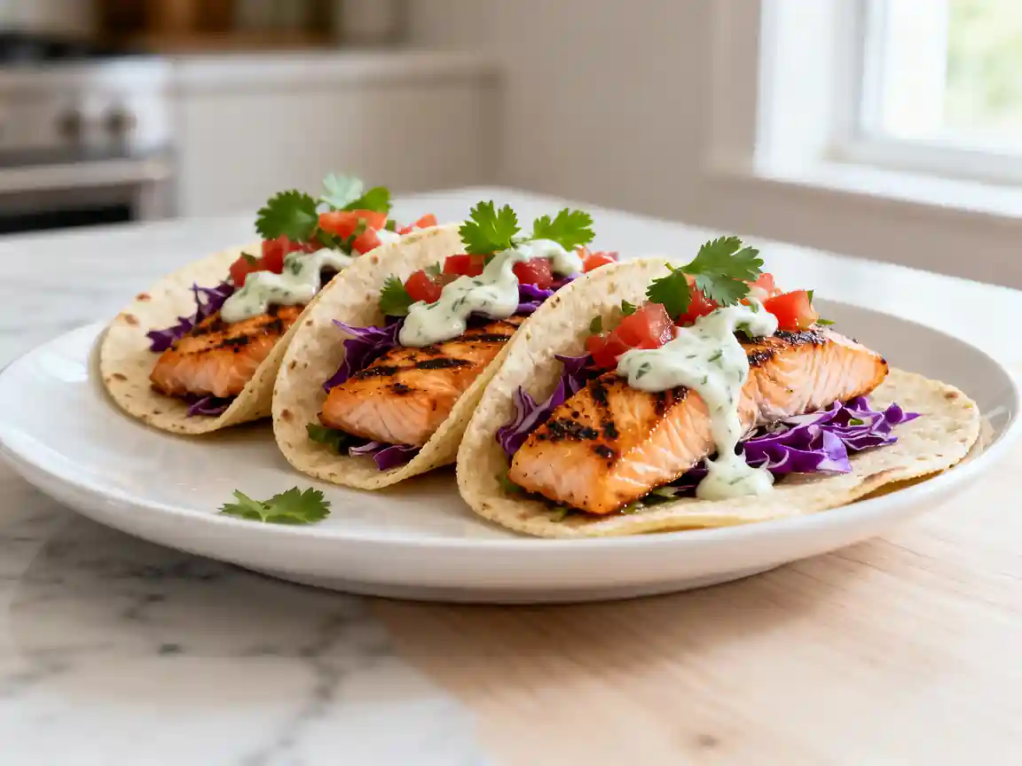 Grilled salmon tacos with purple cabbage, pico de gallo, and creamy cilantro sauce on soft tortillas