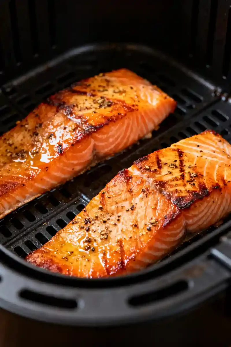 Crispy air fryer salmon fillets with golden glaze and black pepper seasoning