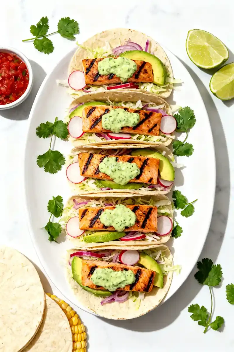 Overhead view of grilled salmon tacos with avocado, radish, cabbage, and creamy cilantro sauce