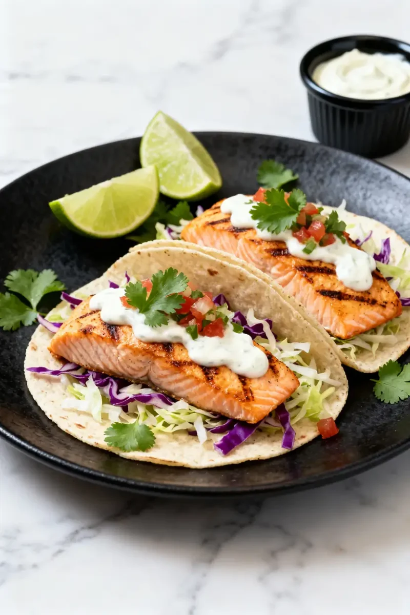 Grilled salmon tacos with cabbage slaw, lime wedges, and creamy cilantro sauce on a black plate