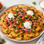 Loaded potato nachos with melted cheese, jalapeños, black beans, pico de gallo, and sour cream