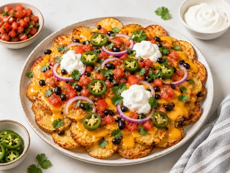 Loaded potato nachos with melted cheese, jalapeños, black beans, pico de gallo, and sour cream