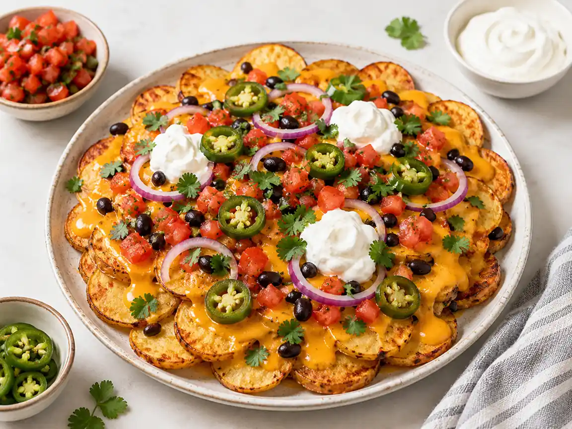 Loaded potato nachos with melted cheese, jalapeños, black beans, pico de gallo, and sour cream