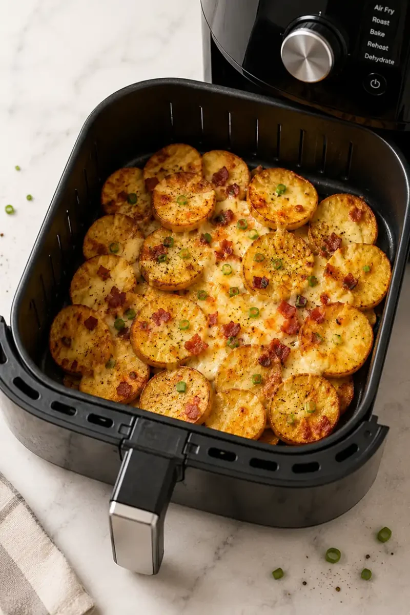 Air fryer sliced potatoes topped with melted cheese, crispy bacon, and green onions