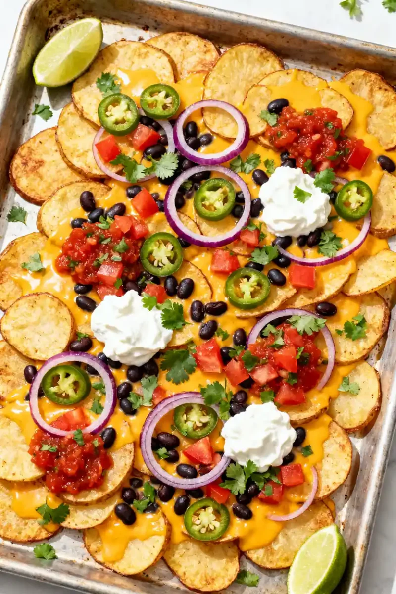Sheet pan potato nachos with melted cheddar cheese, jalapeños, black beans, salsa, and sour cream