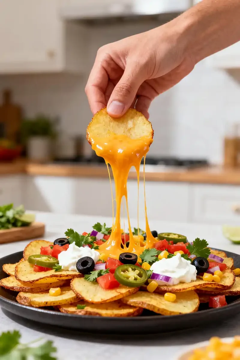 Crispy potato nachos with gooey melted cheese, jalapeños, olives, sour cream, and fresh salsa