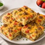 Sausage breakfast casserole squares with cheese, bell peppers, and eggs on a serving plate