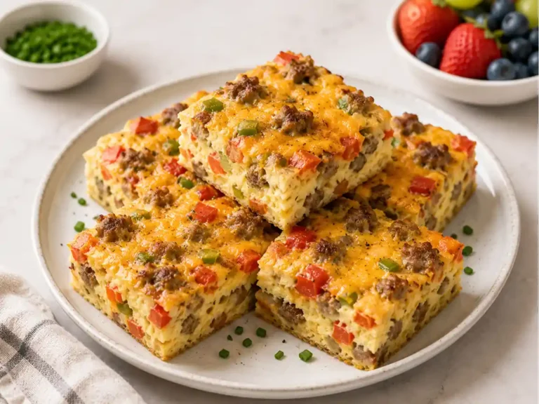 Sausage breakfast casserole squares with cheese, bell peppers, and eggs on a serving plate