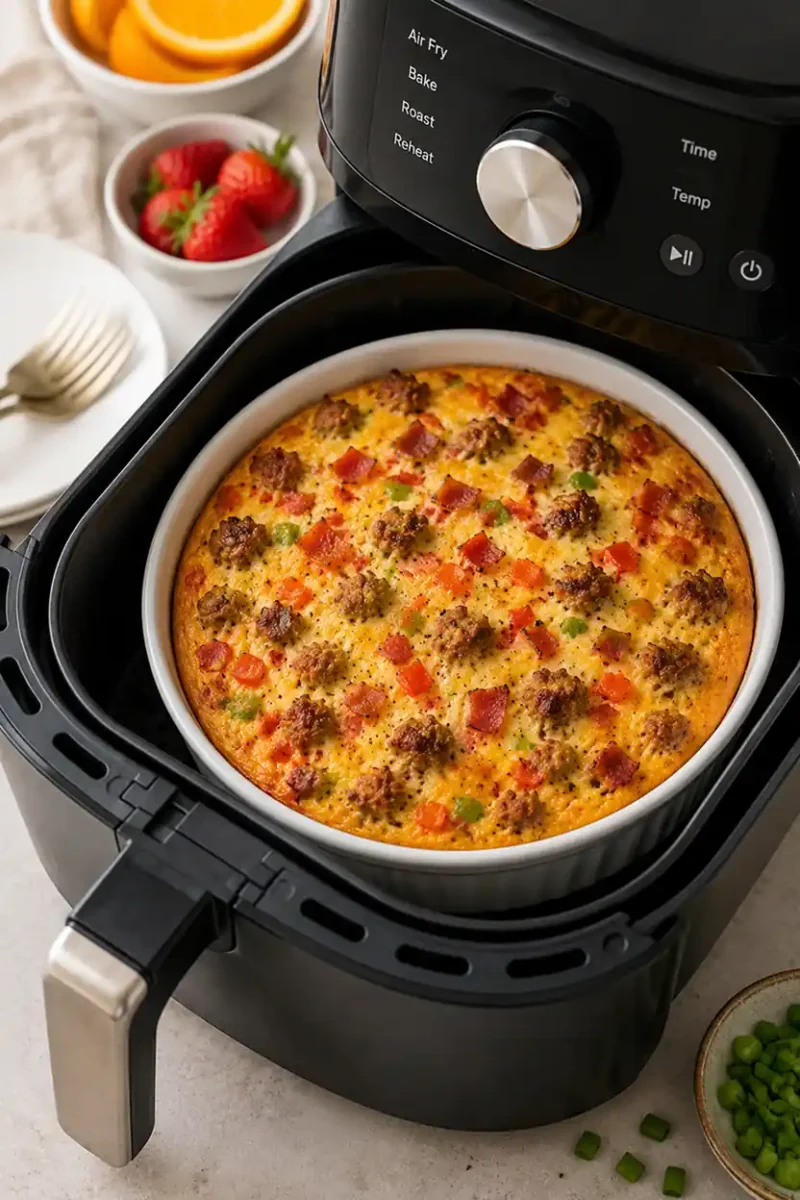 Air fryer breakfast casserole with sausage, eggs, cheese, and bell peppers in a baking dish