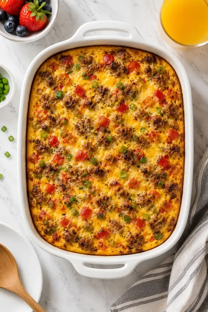 Sausage breakfast casserole with eggs, cheese, and bell peppers baked in a white casserole dish