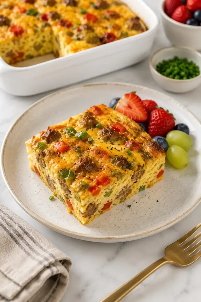 Slice of sausage breakfast casserole with eggs, cheese, and bell peppers served with fresh berries
