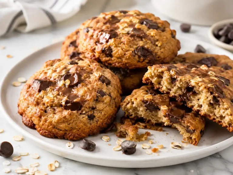 Oatmeal chocolate chip cookies with melted dark chocolate chunks on a white plate