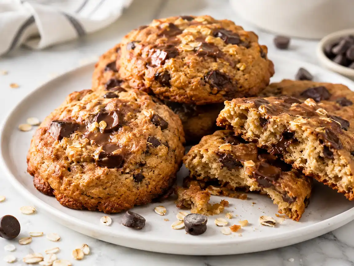 Oatmeal chocolate chip cookies with melted dark chocolate chunks on a white plate