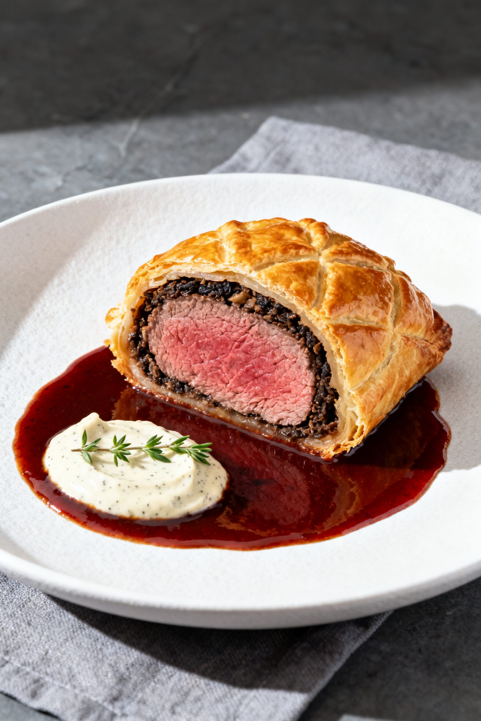 5 inches thick) fanned on a matte white plate, served with a glossy red wine-pan sauce nappe, a doll