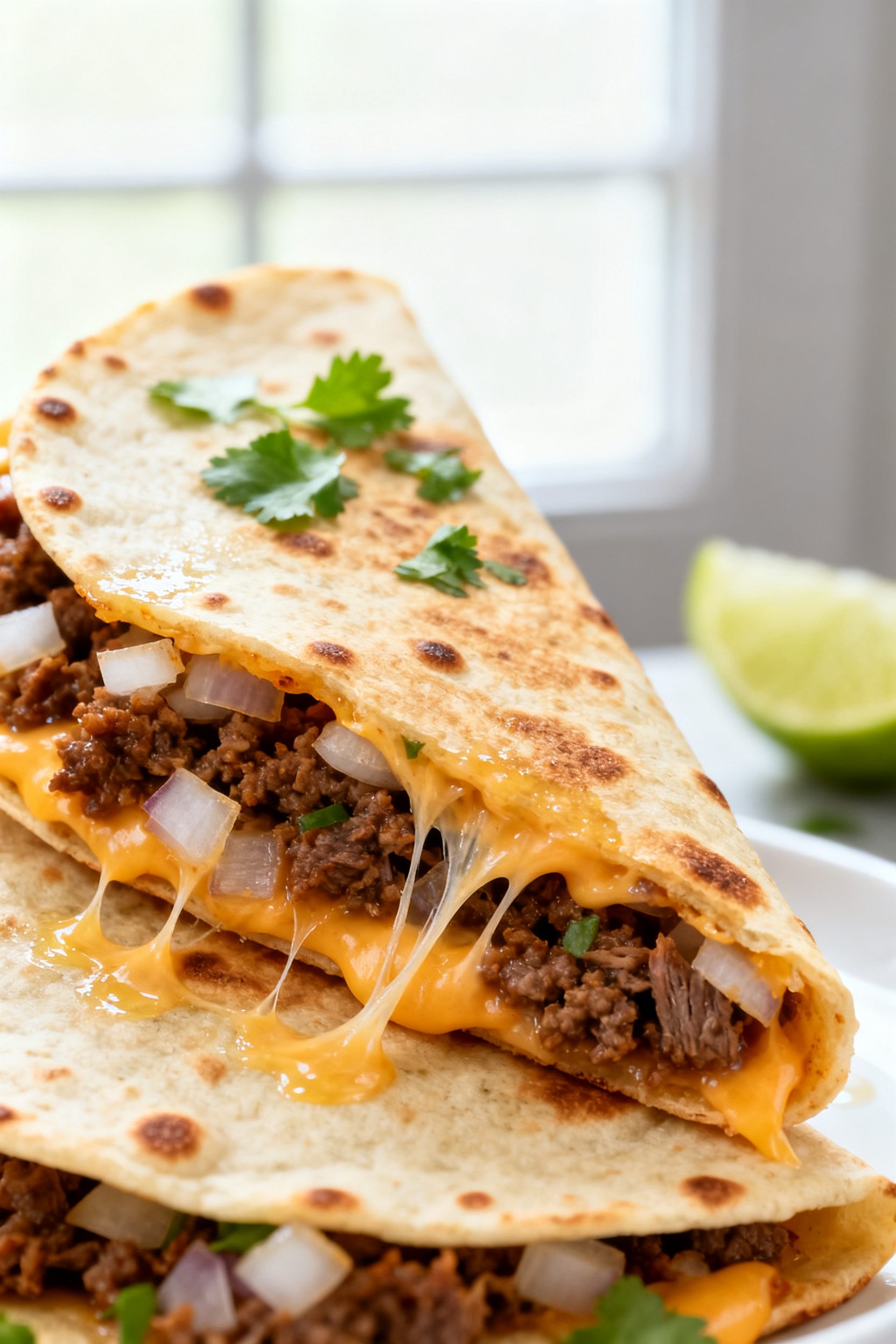 Close-up detail: A folded air fryer beef quesadilla just out of the basket, edges blistered and gold