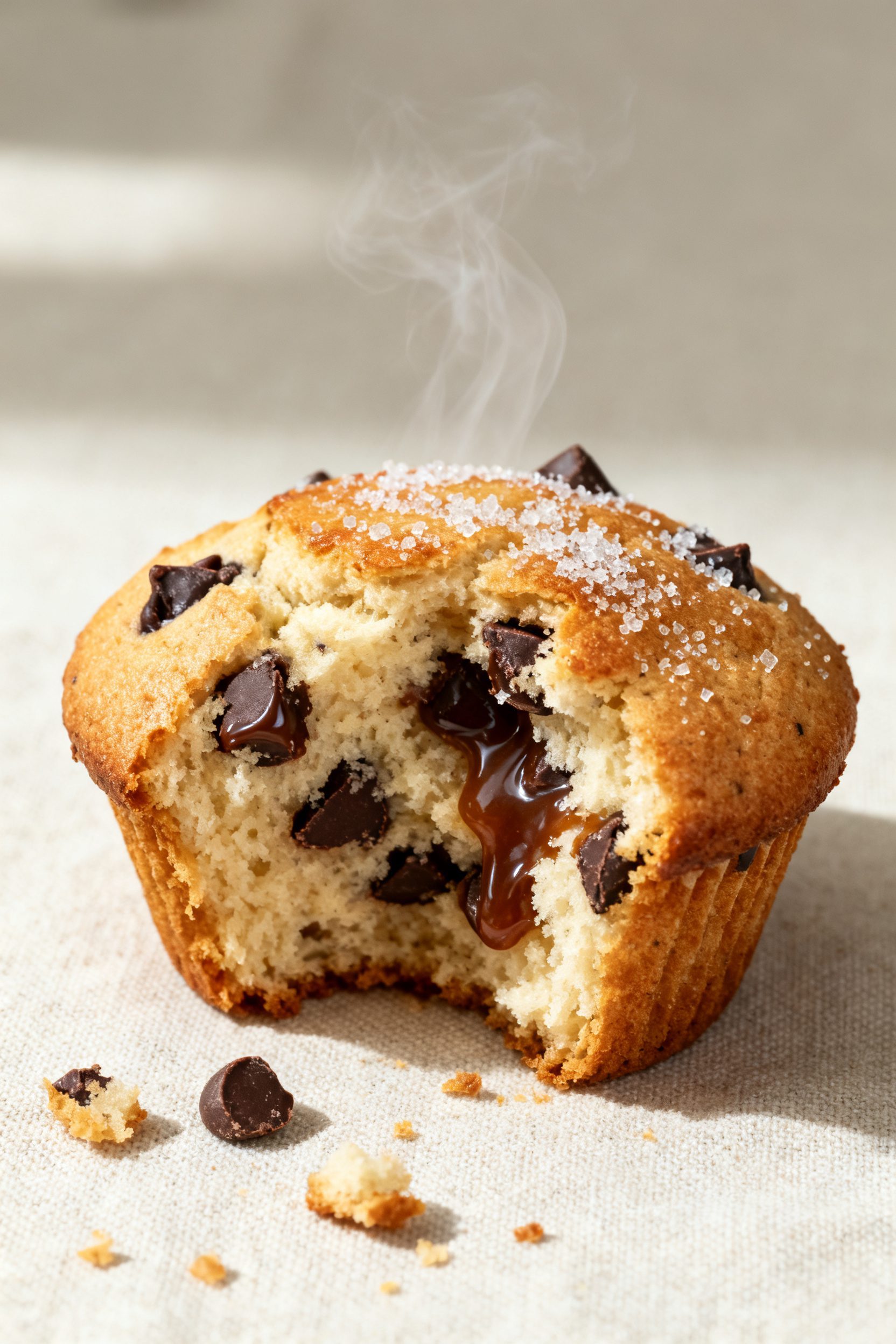 Close-up detail: A freshly air-fried chocolate chip muffin torn open to reveal a soft, fluffy crumb 