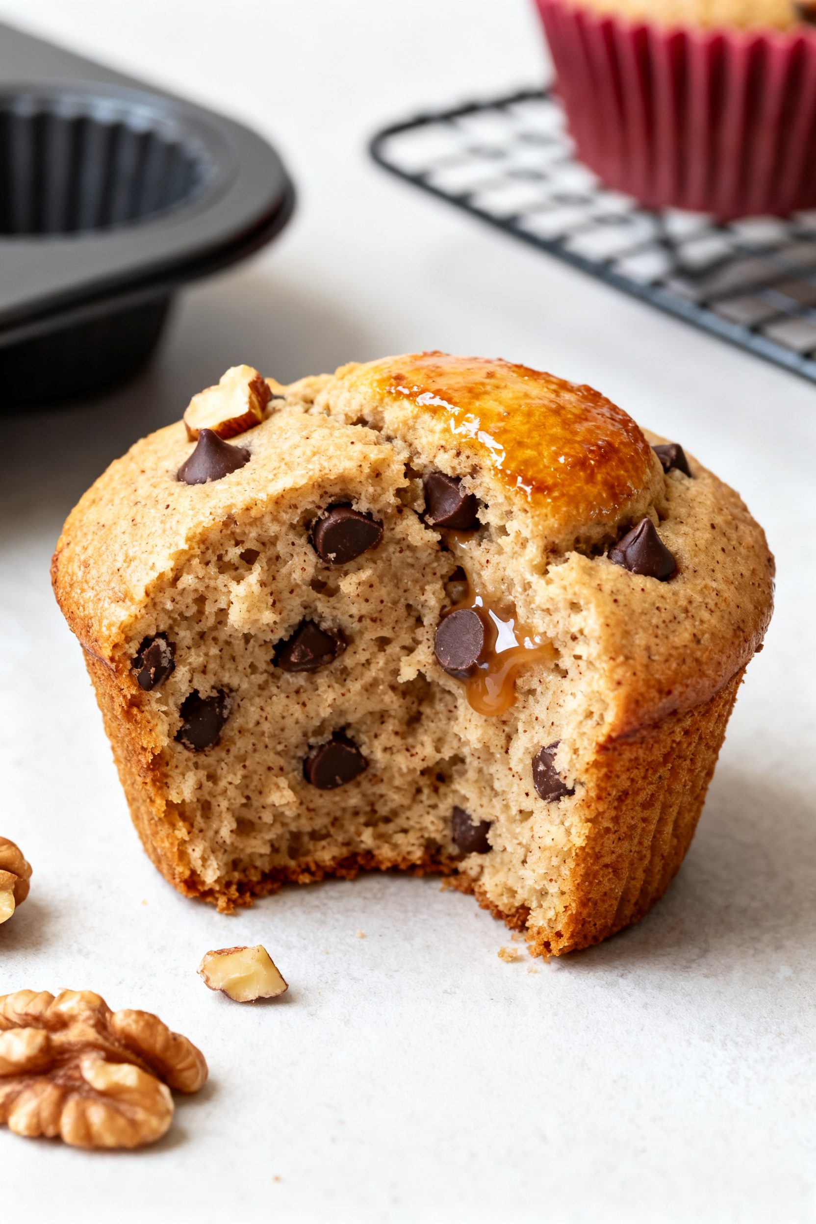 Close-up detail: A freshly cooked banana muffin just out of the air fryer cup, split open to reveal 