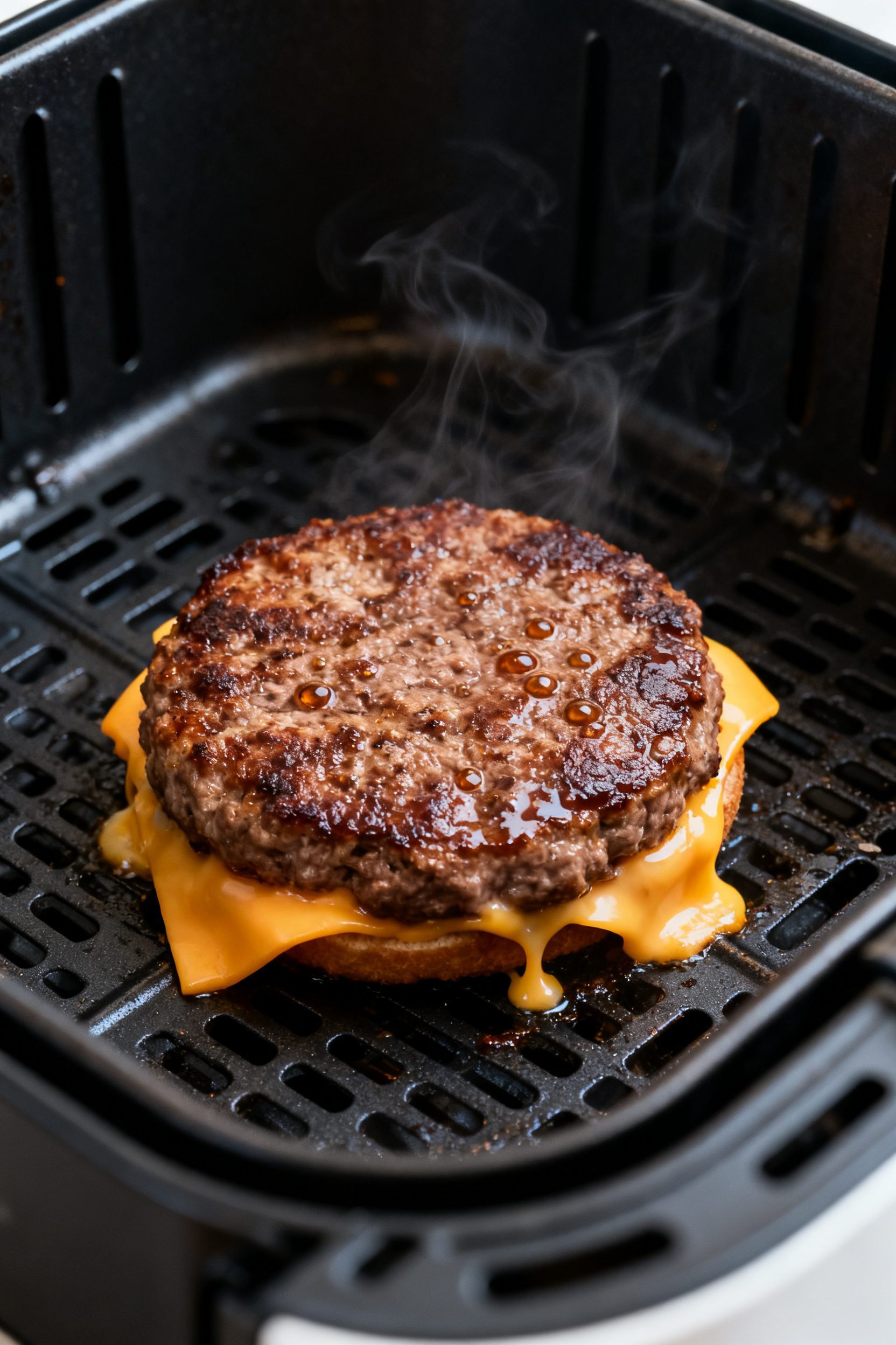 Close-up detail: A juicy, cooked air fryer beef patty just after flipping, sizzling in the basket at