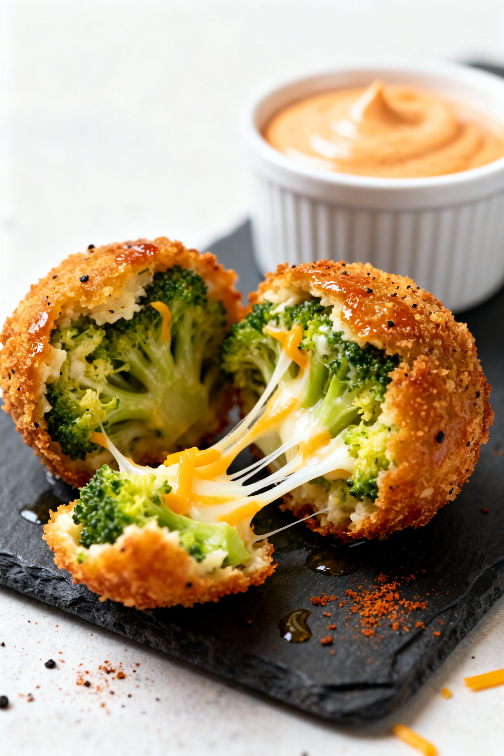 Close-up detail: A just-air-fried broccoli cheese ball split open on a small slate board, showing go