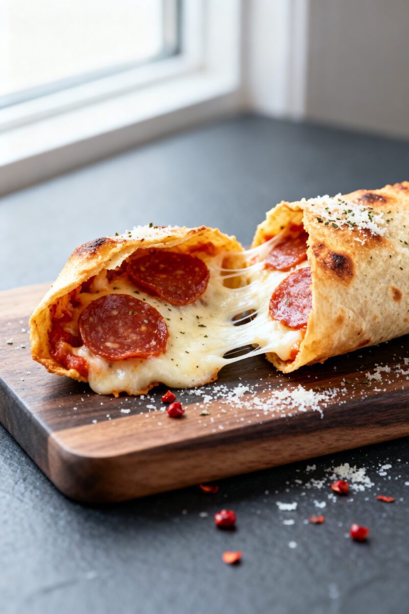 Close-up detail: A just-air-fried pizza taquito split open on a board, molten low-moisture mozzarell