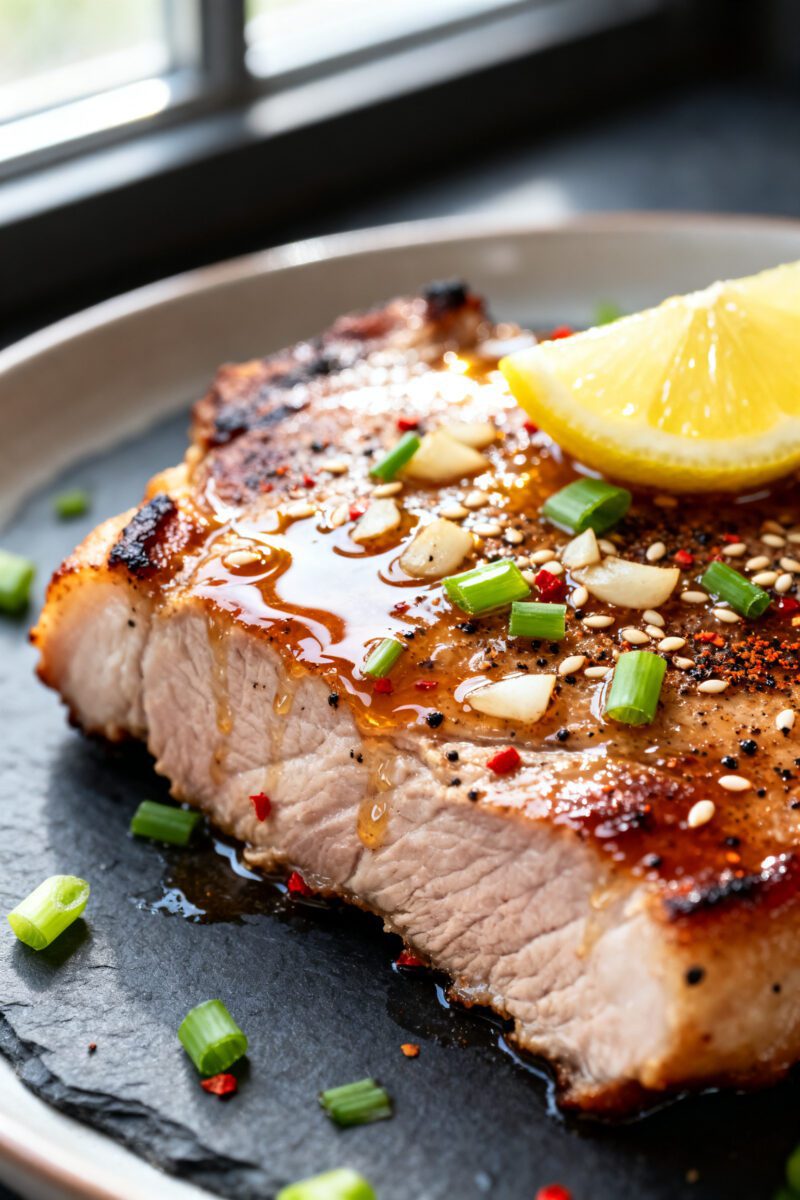 Close-up detail: A just-cooked honey garlic pork chop resting on a plate, surface glistening with a