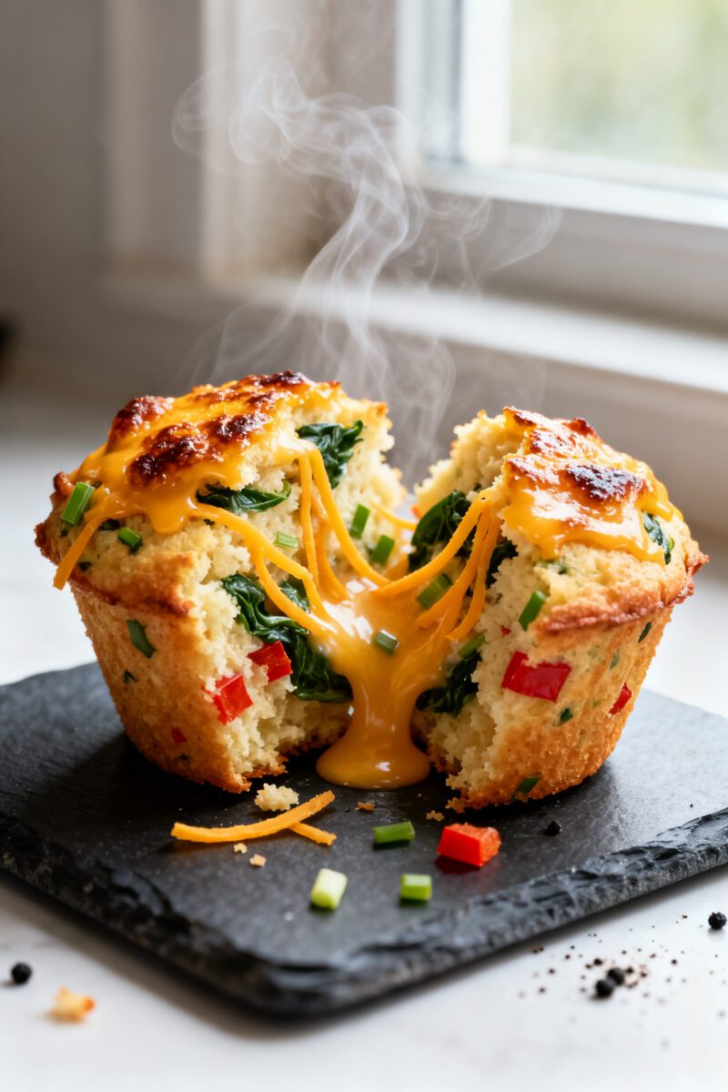 Close-up detail: A just-cooked savory air fryer muffin torn open on a small slate board, steam risin