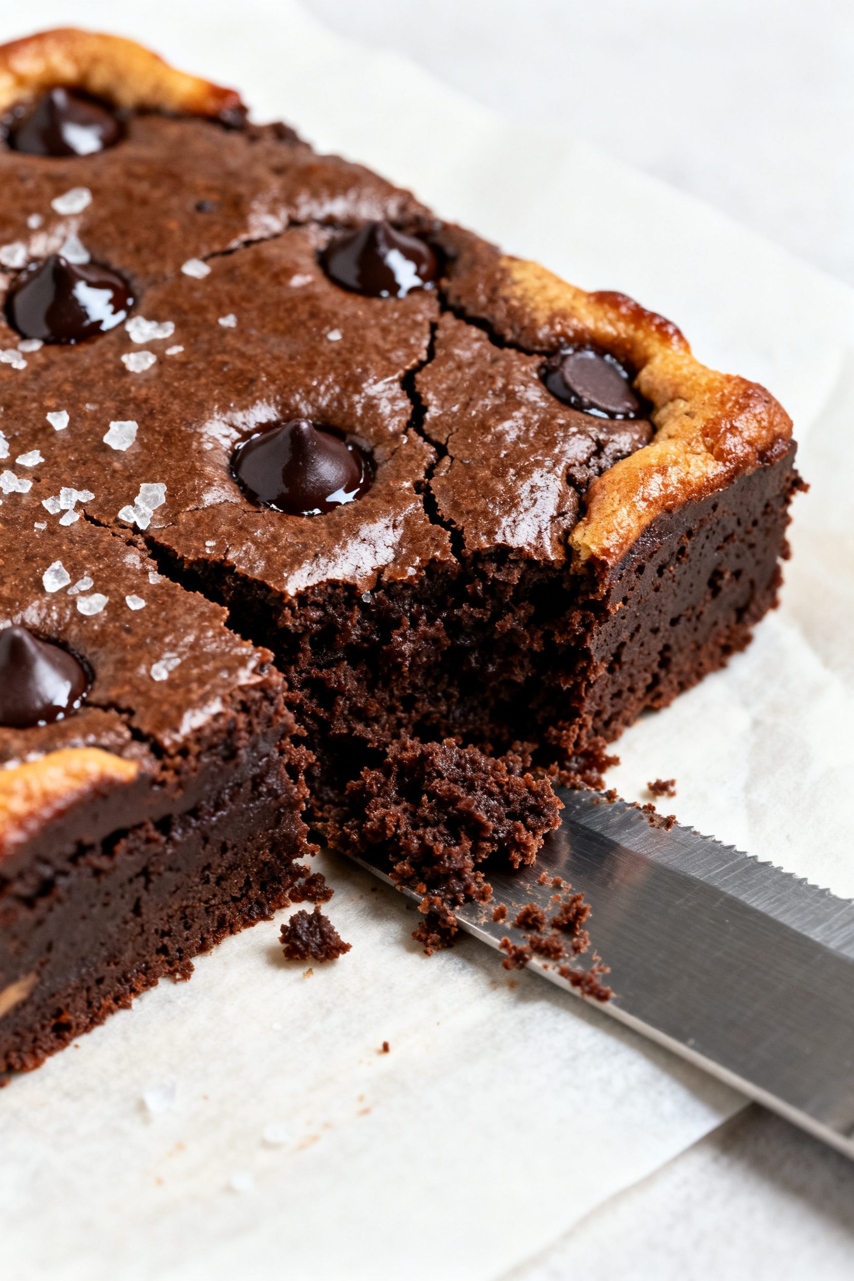 Close-up detail: A just-cut air fryer protein brownie square on parchment, center showing fudgy, moi