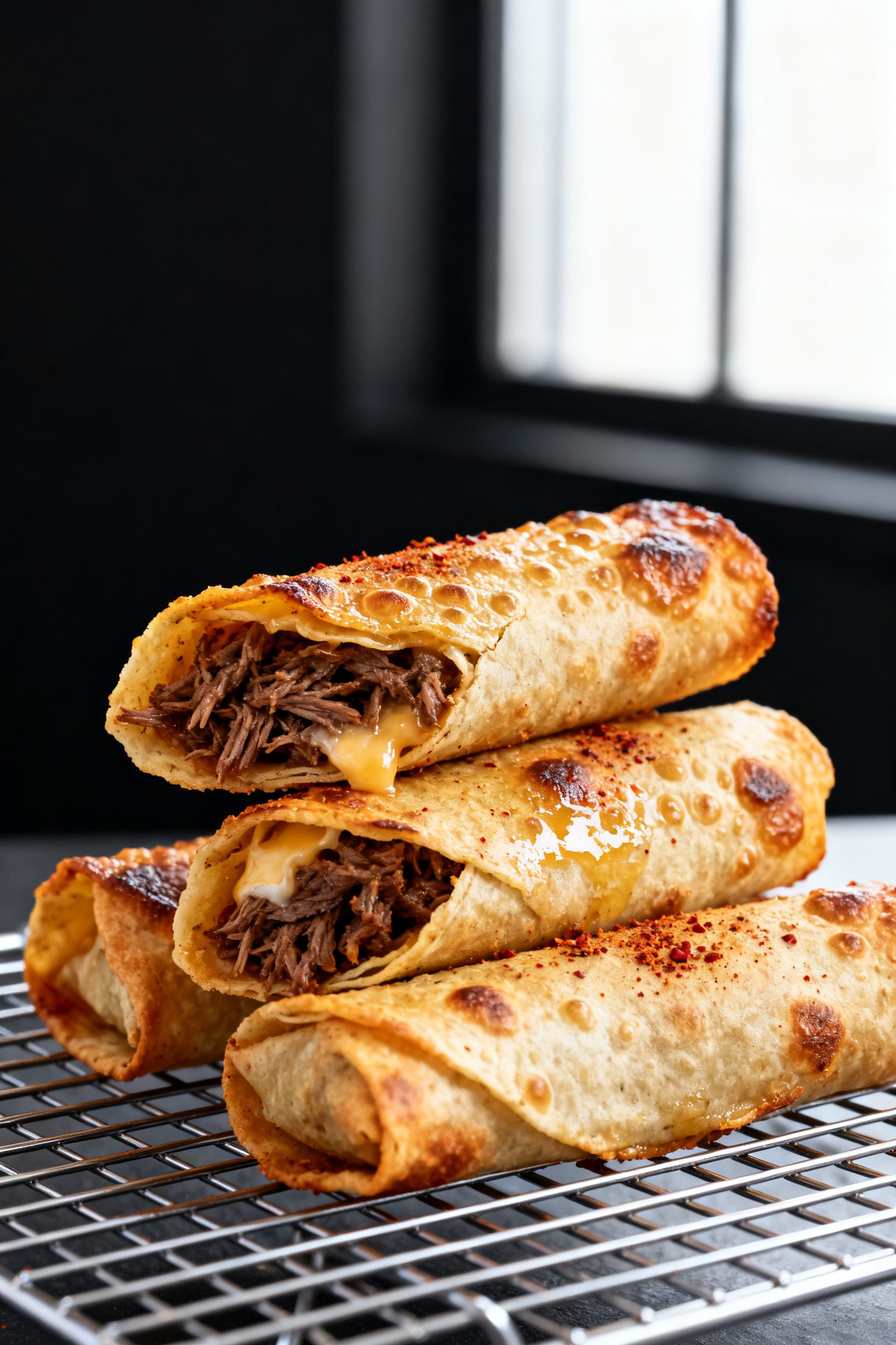 Close-up detail: A trio of freshly air-fried shredded beef taquitos just out of the basket at 400°F