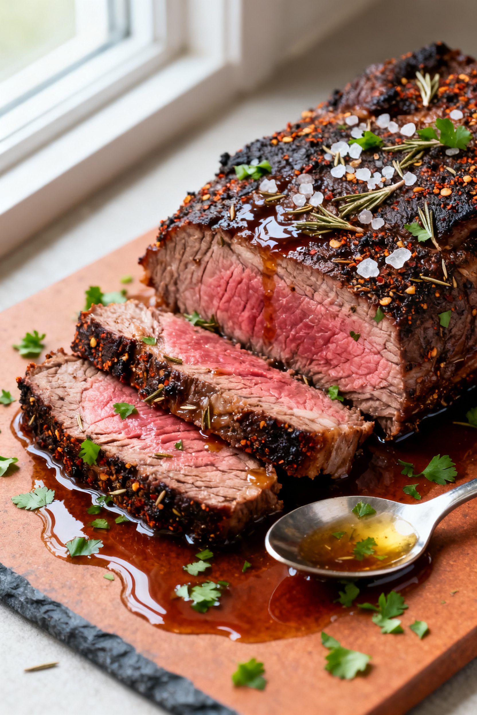 Close-up detail: Air-fried beef chuck roast just after resting, sliced across the grain into 1/4-inc